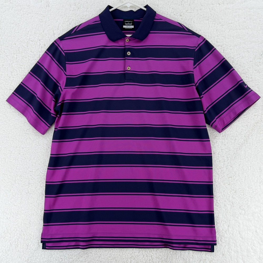 Nike Golf Polo Shirt Mens XL Purple Navy Striped Dri-Fit Performance Athletic